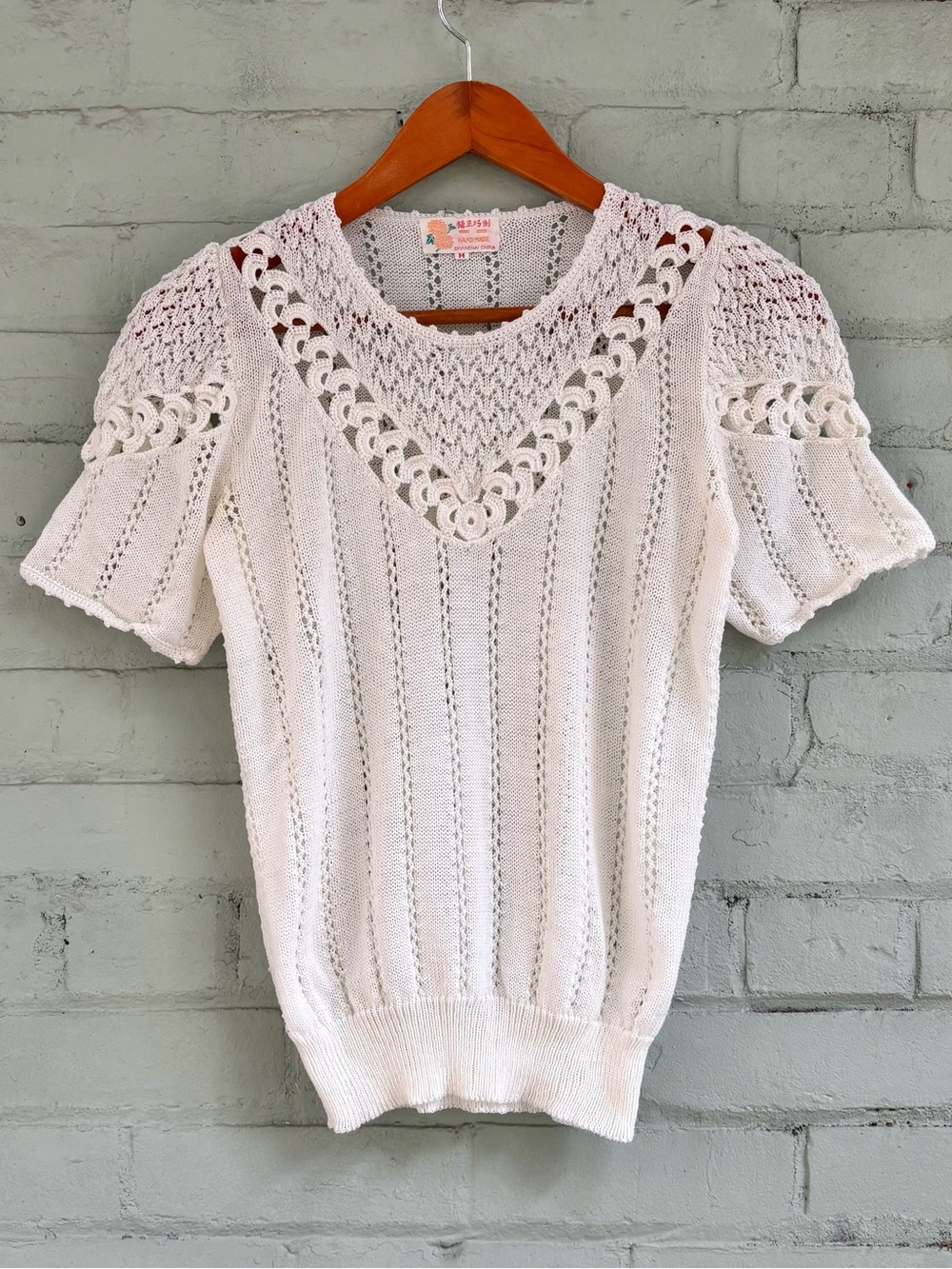 Vintage Cream Short Sleeve Pointelle Sweater with Crochet Accents